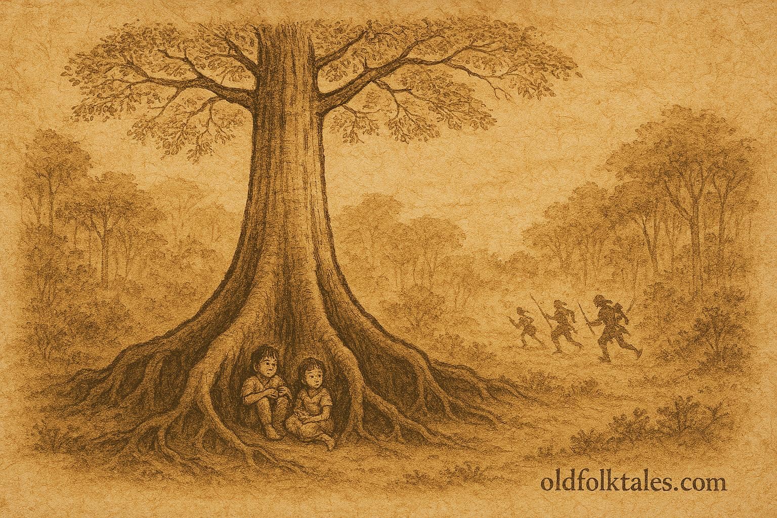 Parchment-style artwork of a sacred ceiba protecting children, Amazonian folktale scene.