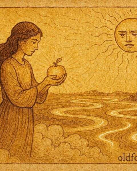 Parchment-style artwork of a woman with the Sun above, Western Amazon folktale scene.