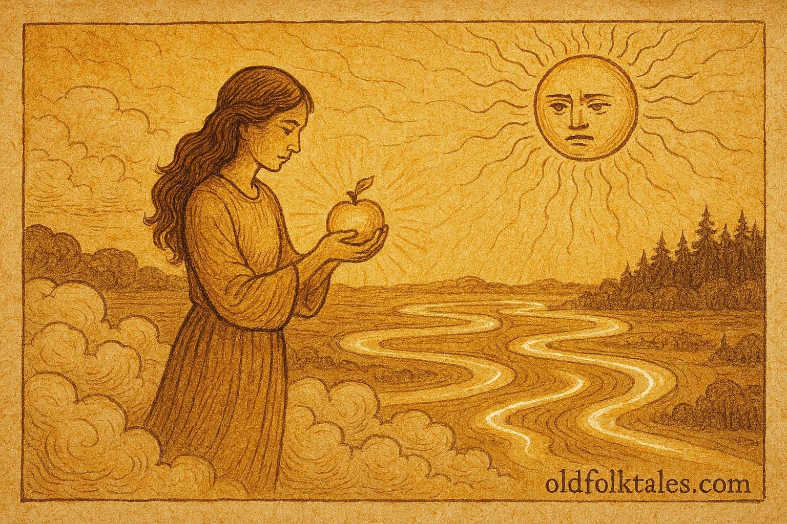 Parchment-style artwork of a woman with the Sun above, Western Amazon folktale scene.