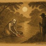 Parchment-style artwork of a ghostly washerwoman at a river bend, Trinidad folklore.