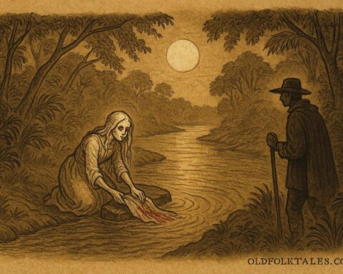 Parchment-style artwork of a ghostly washerwoman at a river bend, Trinidad folklore.