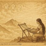 Parchment style artwork of Ixmena weaving clouds, Lenca Indigenous Honduran folktale.