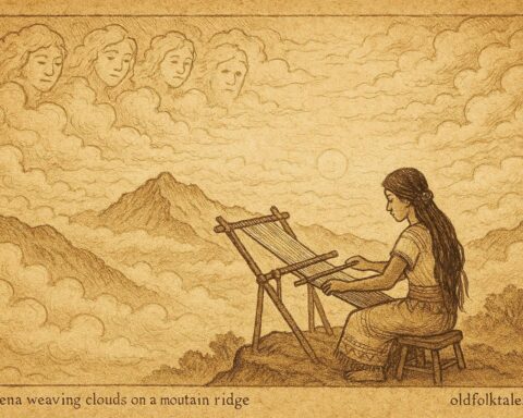 Parchment style artwork of Ixmena weaving clouds, Lenca Indigenous Honduran folktale.