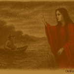Sepia-toned illustration on aged parchment showing a ghostly woman in a vivid red shawl standing at the edge of a Paraguayan river at twilight. Her arm is raised in warning as she gazes toward a lone fisherman in a small wooden boat drifting on dark, swirling water. The riverbank is lined with reeds and shadowy vegetation, and the sky above fades into heavy twilight clouds. "OldFolktales.com" is inscribed at the bottom right.
