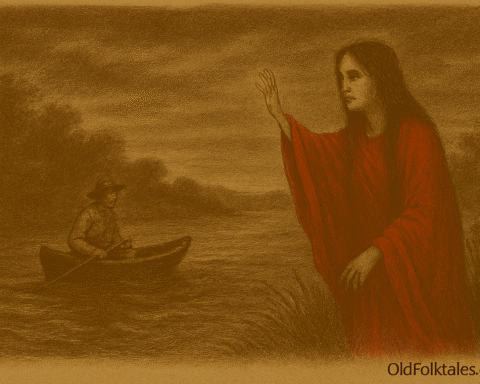 Sepia-toned illustration on aged parchment showing a ghostly woman in a vivid red shawl standing at the edge of a Paraguayan river at twilight. Her arm is raised in warning as she gazes toward a lone fisherman in a small wooden boat drifting on dark, swirling water. The riverbank is lined with reeds and shadowy vegetation, and the sky above fades into heavy twilight clouds. "OldFolktales.com" is inscribed at the bottom right.