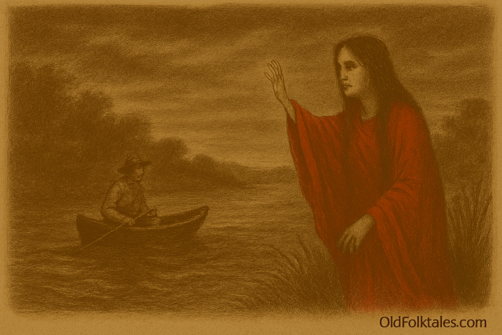Sepia-toned illustration on aged parchment showing a ghostly woman in a vivid red shawl standing at the edge of a Paraguayan river at twilight. Her arm is raised in warning as she gazes toward a lone fisherman in a small wooden boat drifting on dark, swirling water. The riverbank is lined with reeds and shadowy vegetation, and the sky above fades into heavy twilight clouds. "OldFolktales.com" is inscribed at the bottom right.