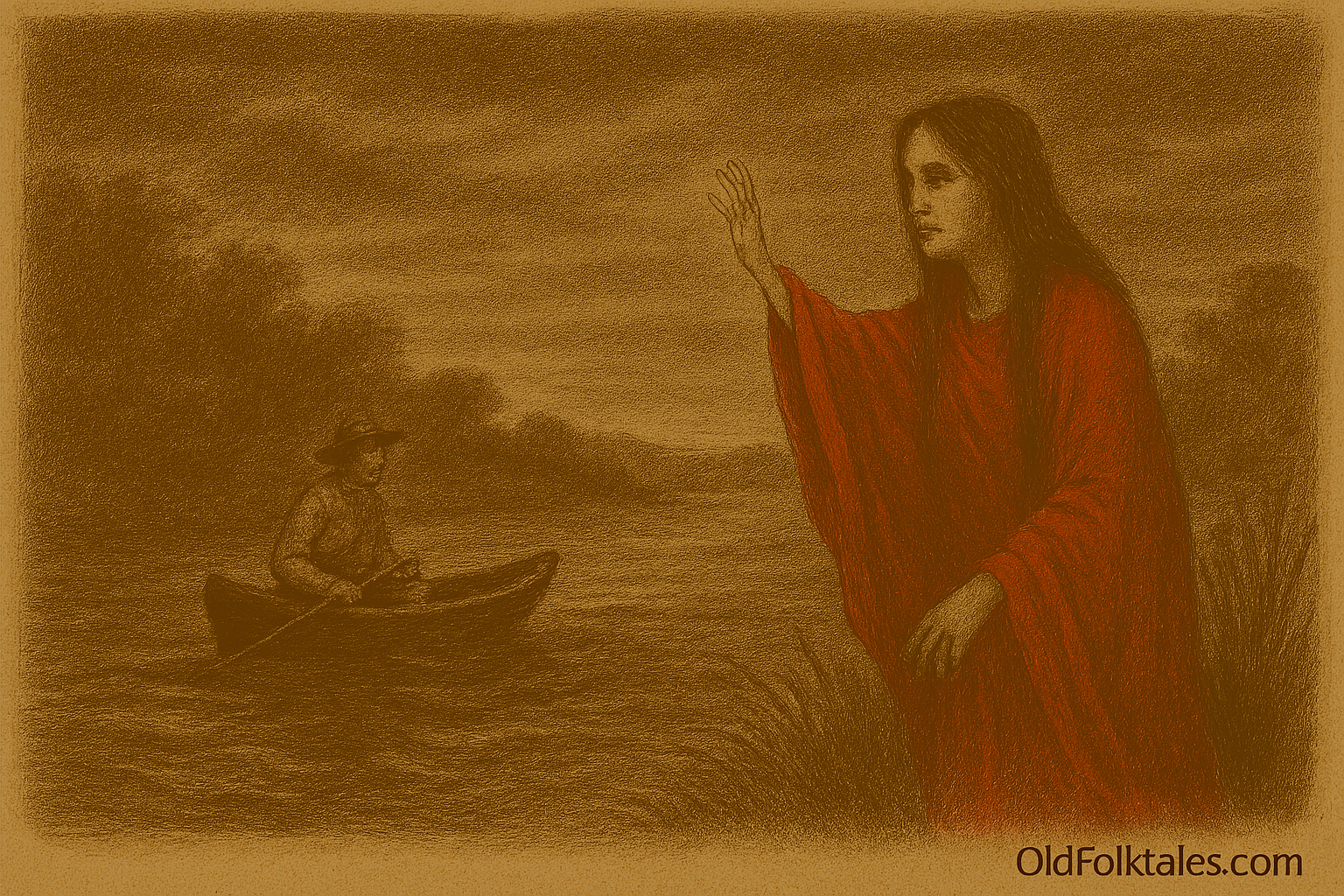 Sepia-toned illustration on aged parchment showing a ghostly woman in a vivid red shawl standing at the edge of a Paraguayan river at twilight. Her arm is raised in warning as she gazes toward a lone fisherman in a small wooden boat drifting on dark, swirling water. The riverbank is lined with reeds and shadowy vegetation, and the sky above fades into heavy twilight clouds. "OldFolktales.com" is inscribed at the bottom right.