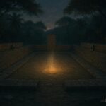 An ancient stone ball court surrounded by forest, with a spiritual atmosphere suggesting unseen ancestral presence.