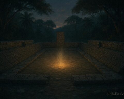 An ancient stone ball court surrounded by forest, with a spiritual atmosphere suggesting unseen ancestral presence.