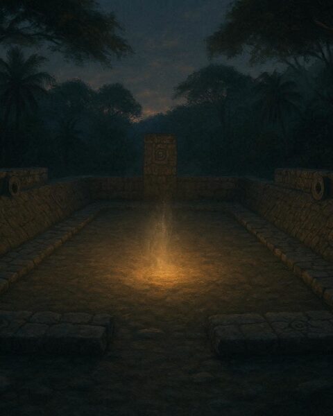 An ancient stone ball court surrounded by forest, with a spiritual atmosphere suggesting unseen ancestral presence.