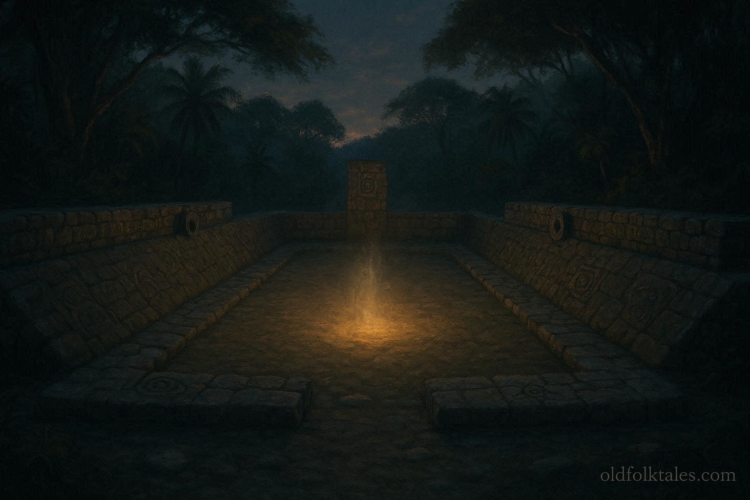 An ancient stone ball court surrounded by forest, with a spiritual atmosphere suggesting unseen ancestral presence.