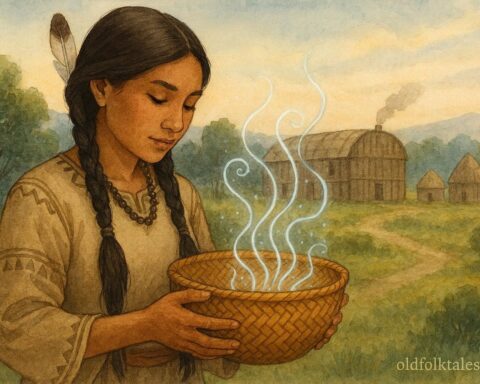 Haudenosaunee woman with sacred basket that grows heavy with unreturned favors, Canadian First Nations folklore