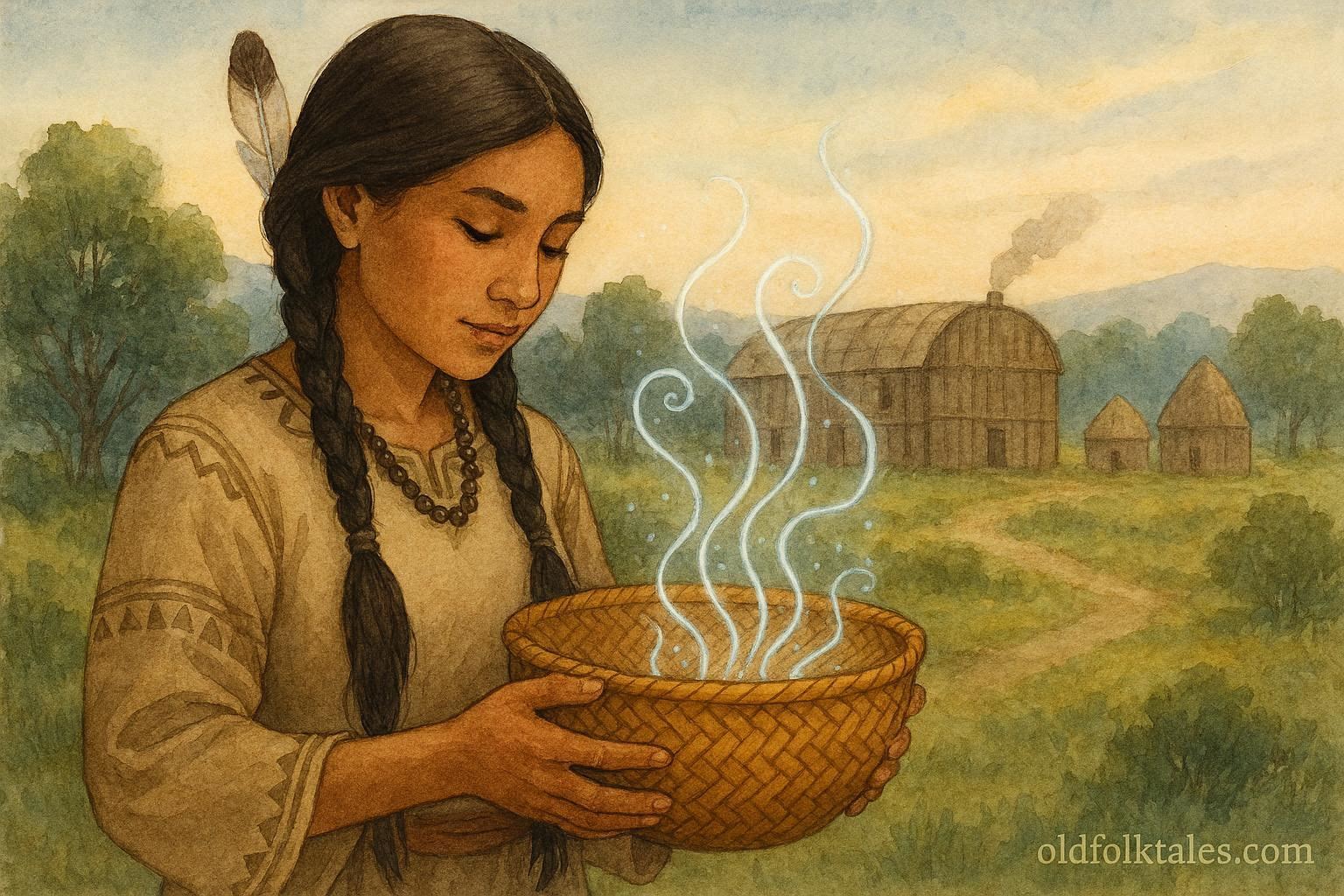 Haudenosaunee woman with sacred basket that grows heavy with unreturned favors, Canadian First Nations folklore