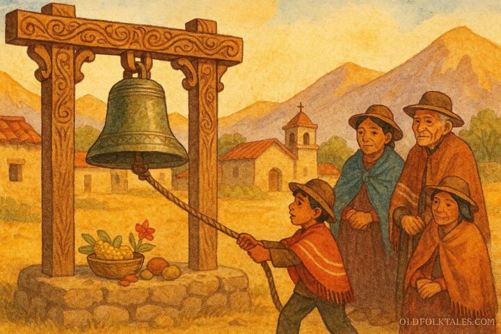 Aymara villagers offering gifts at a ceremonial bell, northern Chile.