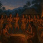 A Taíno ceremonial drum surrounded by dancers singing in a village clearing at dusk