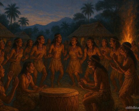 A Taíno ceremonial drum surrounded by dancers singing in a village clearing at dusk