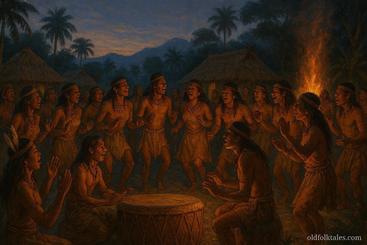 A Taíno ceremonial drum surrounded by dancers singing in a village clearing at dusk