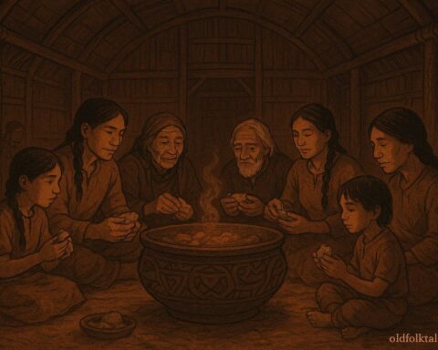 Communal bowl in Anishinaabe longhouse with villagers sharing food, Canadian First Peoples folktale.
