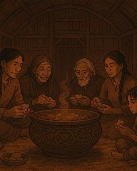 Communal bowl in Anishinaabe longhouse with villagers sharing food, Canadian First Peoples folktale.