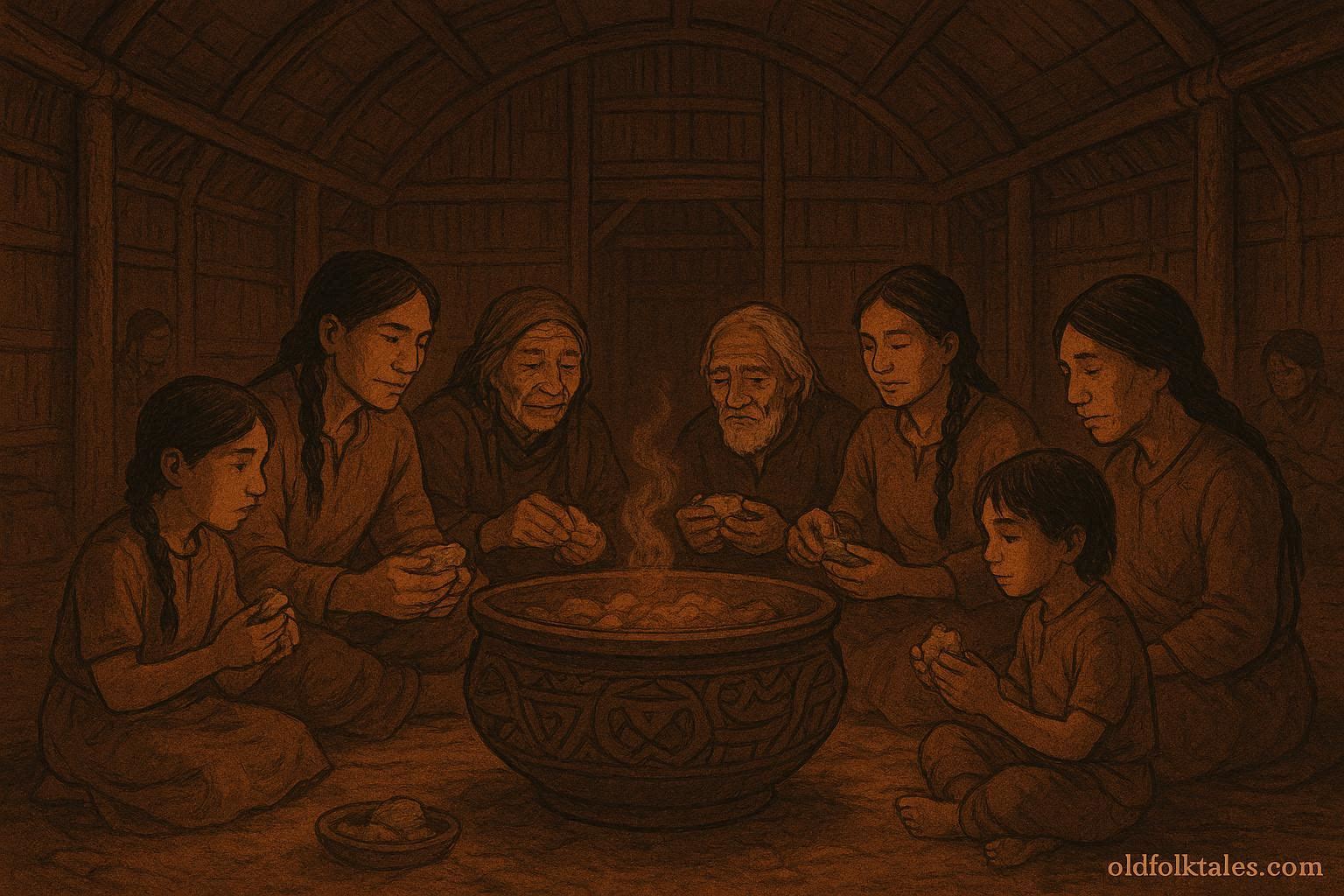 Communal bowl in Anishinaabe longhouse with villagers sharing food, Canadian First Peoples folktale.