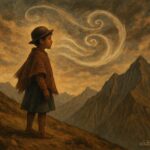 A young Andean boy standing on a mountain ridge as swirling wind surrounds him, symbolizing humility and growth