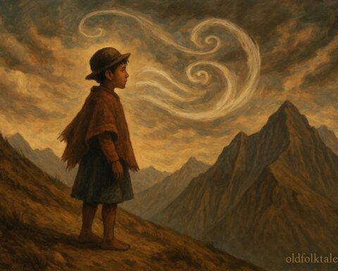 A young Andean boy standing on a mountain ridge as swirling wind surrounds him, symbolizing humility and growth