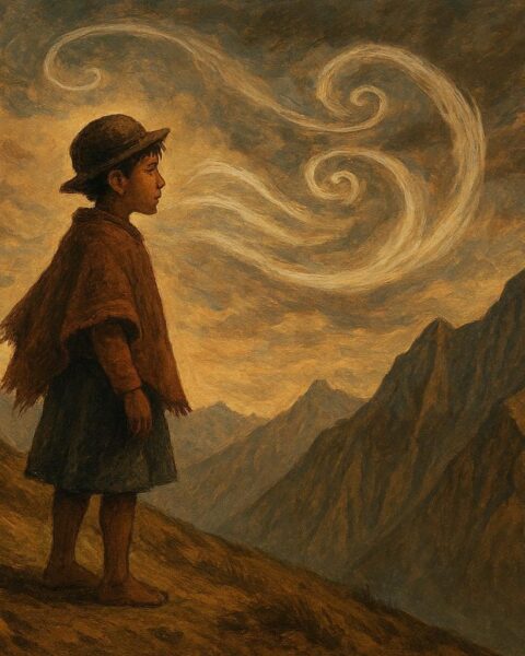 A young Andean boy standing on a mountain ridge as swirling wind surrounds him, symbolizing humility and growth