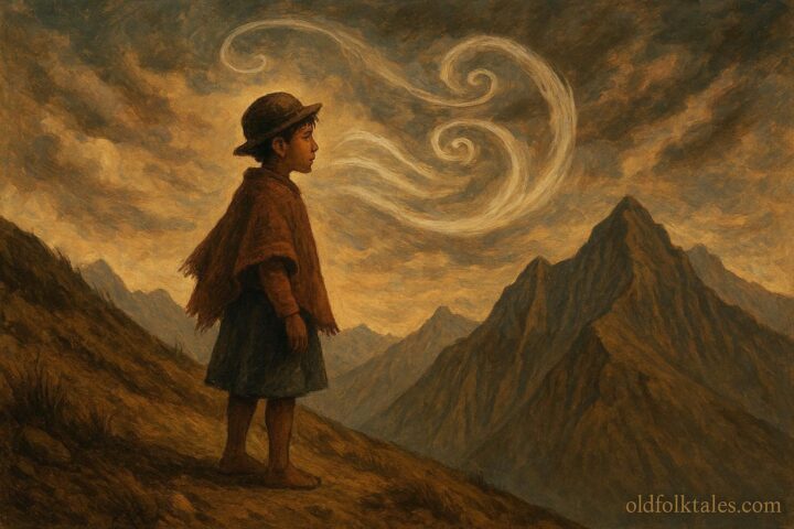 A young Andean boy standing on a mountain ridge as swirling wind surrounds him, symbolizing humility and growth