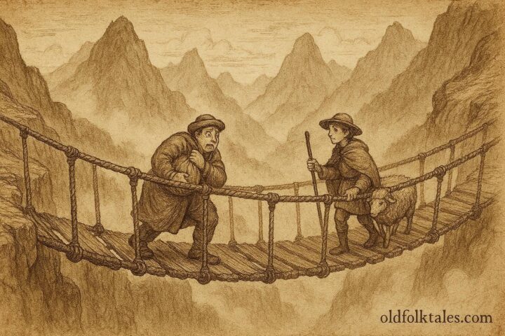 A rope bridge testing travelers for honesty, Quechua folklore