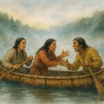 A canoe drifting on a river as passengers argue, illustrating Wolastoqiyik folklore about cooperation.