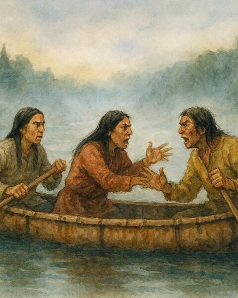 A canoe drifting on a river as passengers argue, illustrating Wolastoqiyik folklore about cooperation.