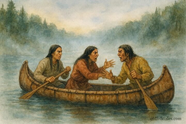 A canoe drifting on a river as passengers argue, illustrating Wolastoqiyik folklore about cooperation.