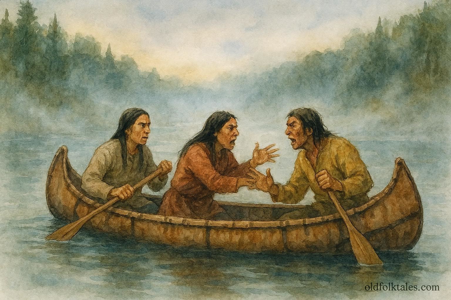 A canoe drifting on a river as passengers argue, illustrating Wolastoqiyik folklore about cooperation.