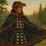 Kwakwaka’wakw warrior wearing ceremonial cloak that grows heavy with broken promises, British Columbia