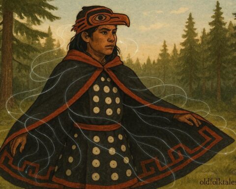 Kwakwaka’wakw warrior wearing ceremonial cloak that grows heavy with broken promises, British Columbia