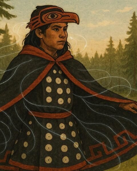 Kwakwaka’wakw warrior wearing ceremonial cloak that grows heavy with broken promises, British Columbia