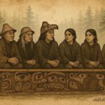 A ceremonial Haida council bench with multiple people sitting together, emphasizing shared leadership