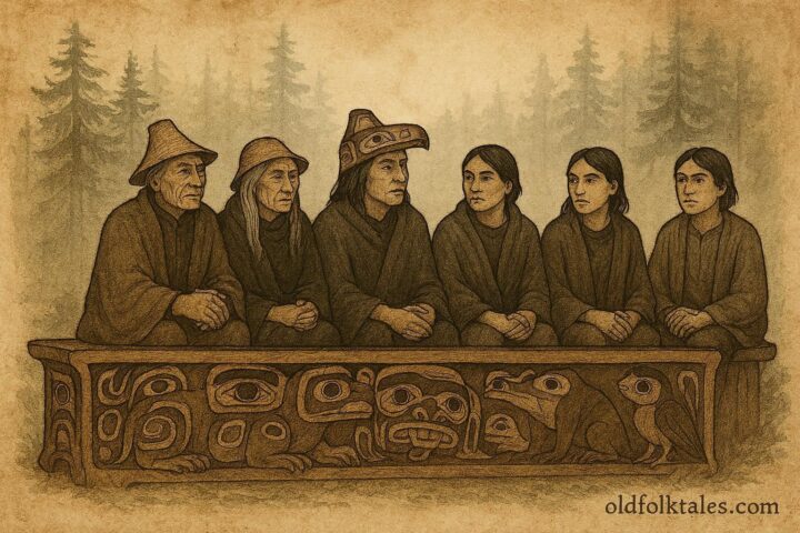 A ceremonial Haida council bench with multiple people sitting together, emphasizing shared leadership
