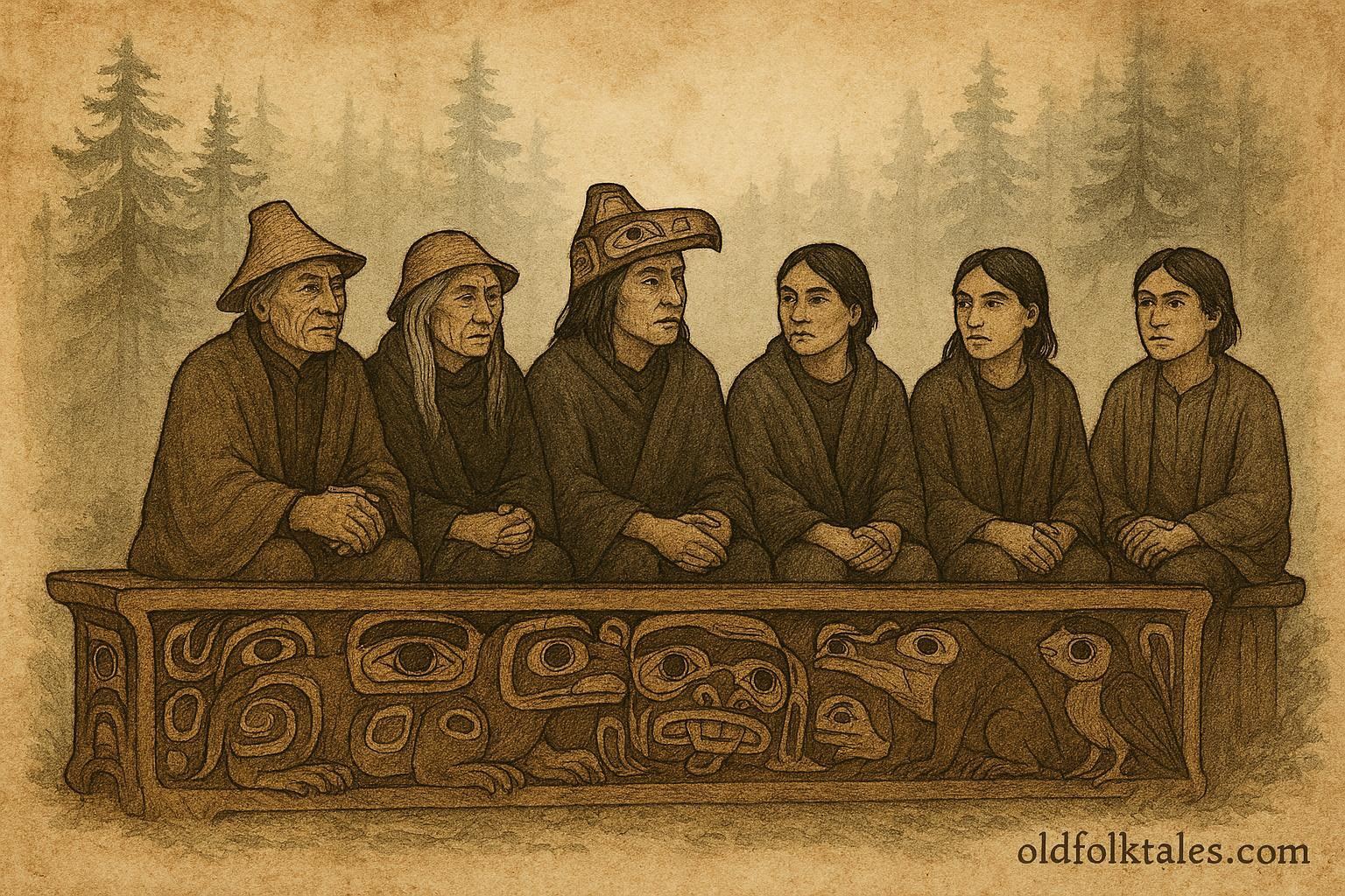A ceremonial Haida council bench with multiple people sitting together, emphasizing shared leadership