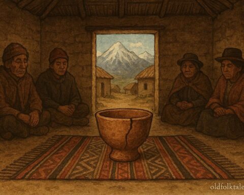 A ceremonial Andean clay cup with a visible crack resting on woven cloth, symbolizing truth in Aymara folklore