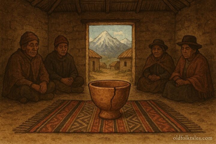 A ceremonial Andean clay cup with a visible crack resting on woven cloth, symbolizing truth in Aymara folklore
