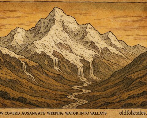 Snow covered Ausangate mountains shedding melting tears into valleys, Quechua legend from Peru