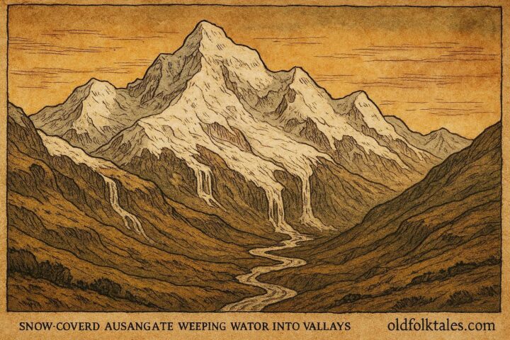 Snow covered Ausangate mountains shedding melting tears into valleys, Quechua legend from Peru