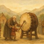 illustration of Aymara elders guiding a ceremonial drum, Andean folklore