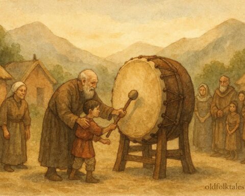 illustration of Aymara elders guiding a ceremonial drum, Andean folklore