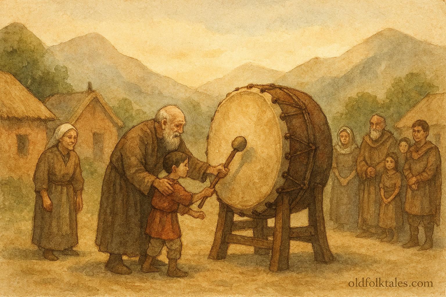illustration of Aymara elders guiding a ceremonial drum, Andean folklore