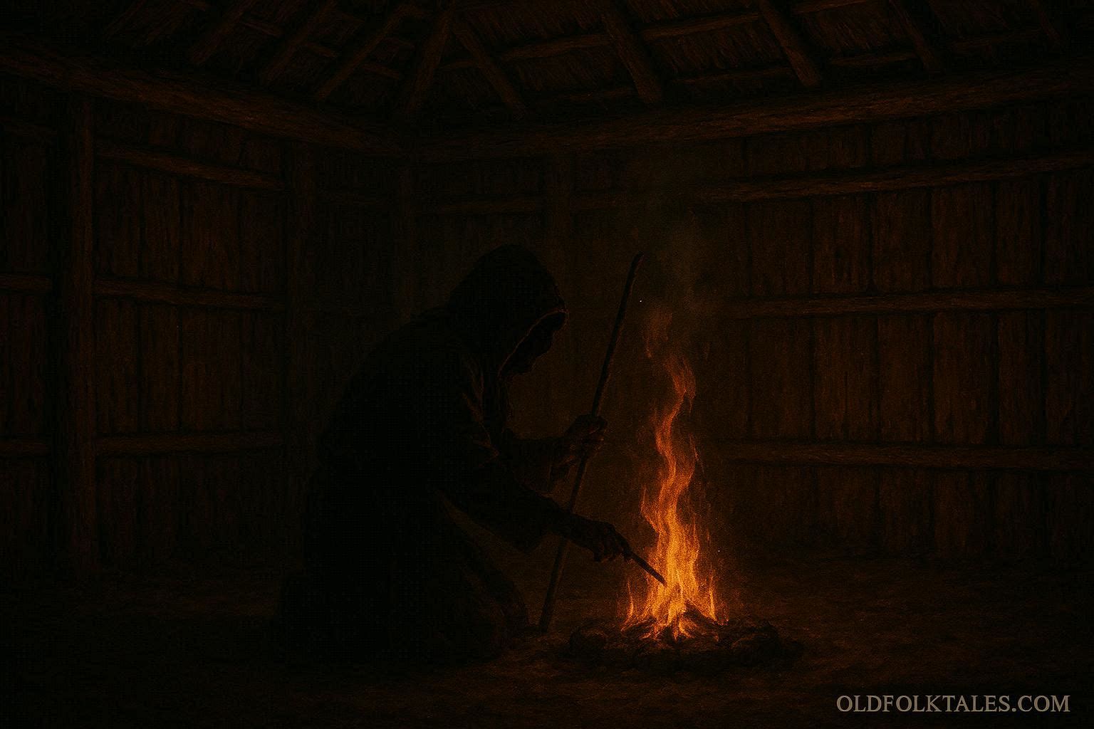 A shadowed figure tending a sacred fire, face unseen, representing selfless devotion and community service