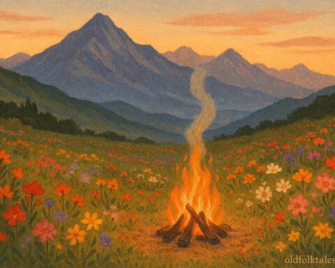 Mountain fire surrounded by flowers at dawn in Andean folktale from Quechua culture