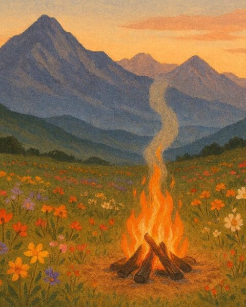 Mountain fire surrounded by flowers at dawn in Andean folktale from Quechua culture