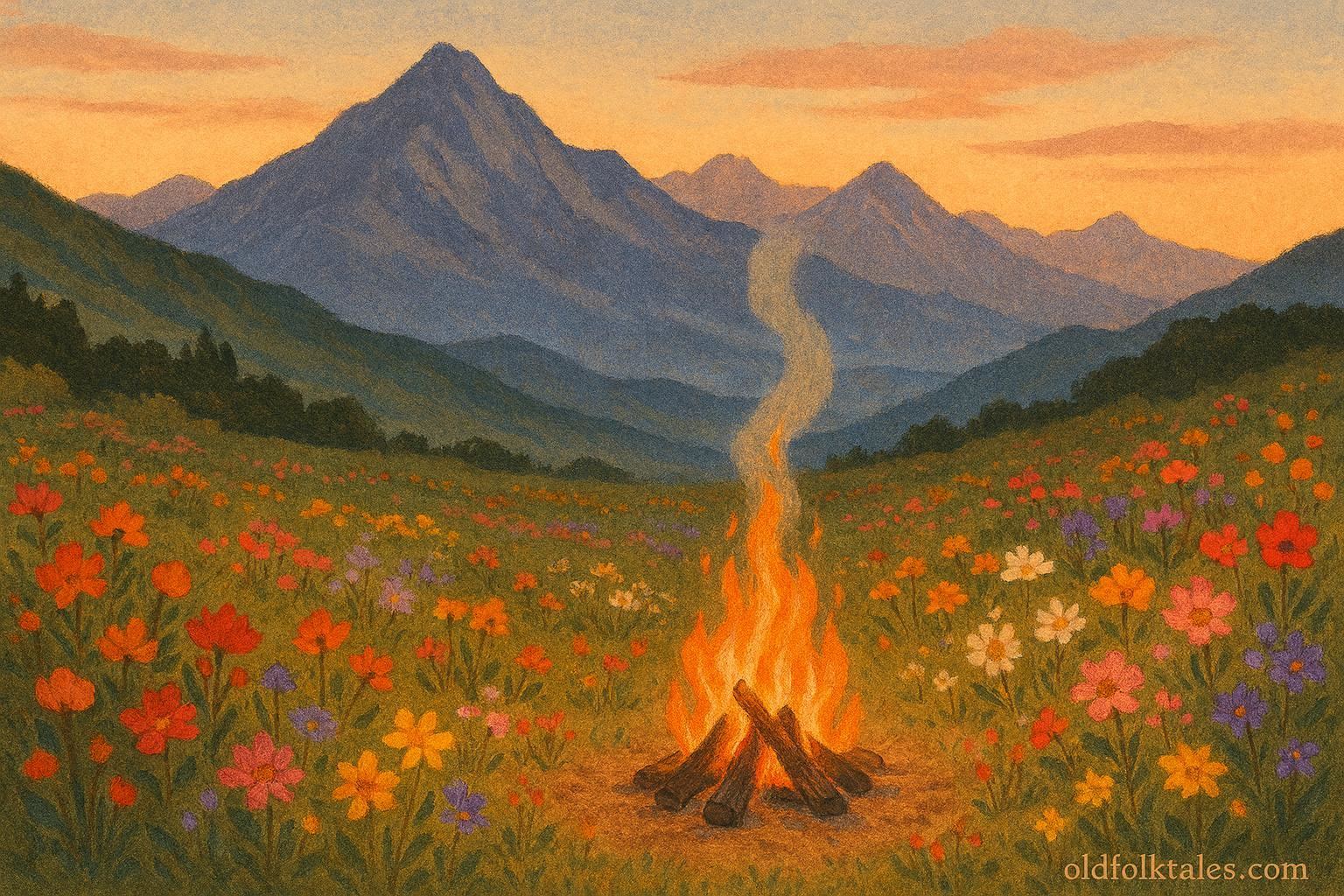 Mountain fire surrounded by flowers at dawn in Andean folktale from Quechua culture